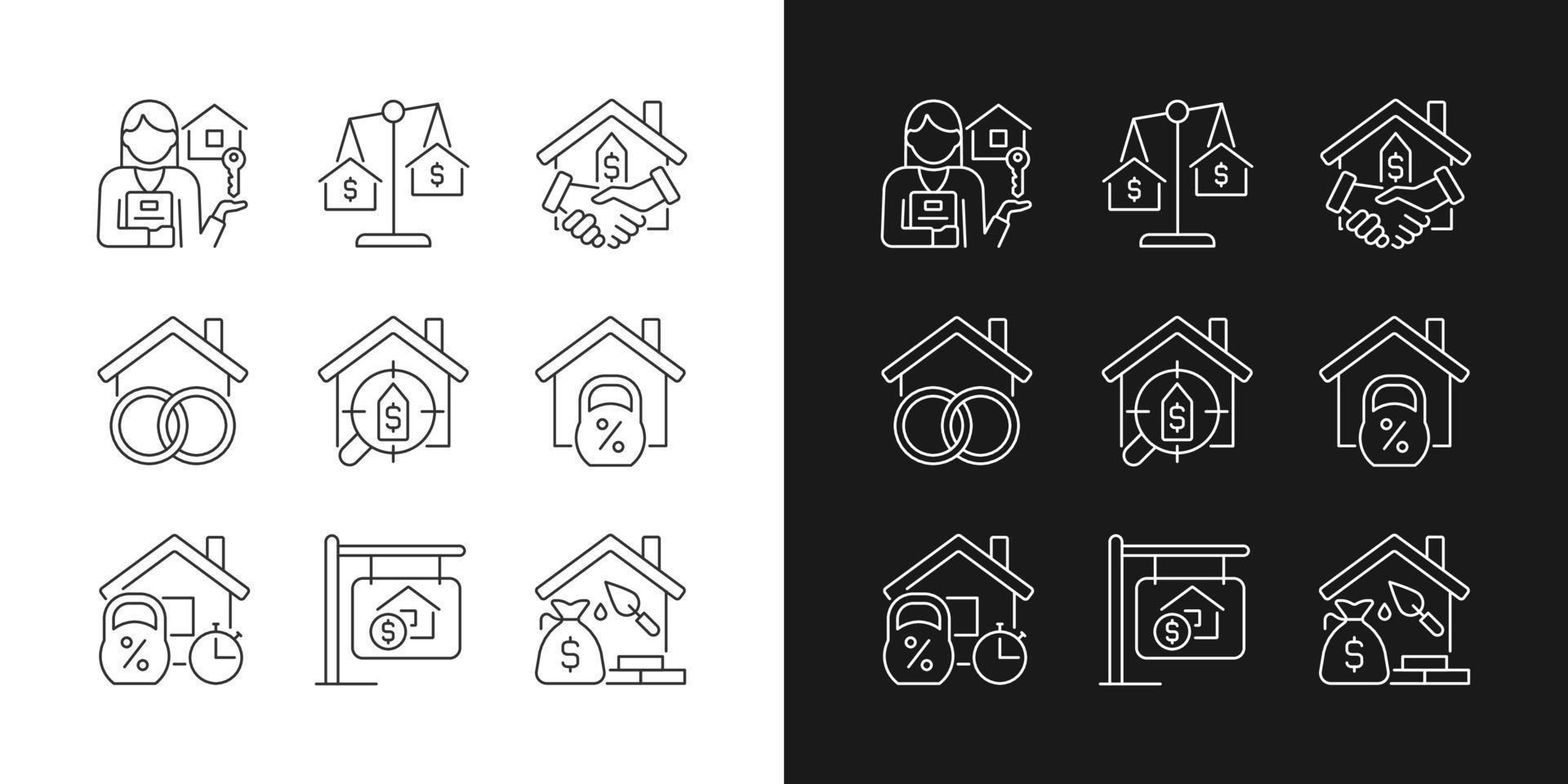 Real estate linear icons set for dark, light mode. Home and construction mortgage. Property purchasing. Asset insurance. Thin line symbols for night, day theme. Isolated illustrations. Editable stroke vector