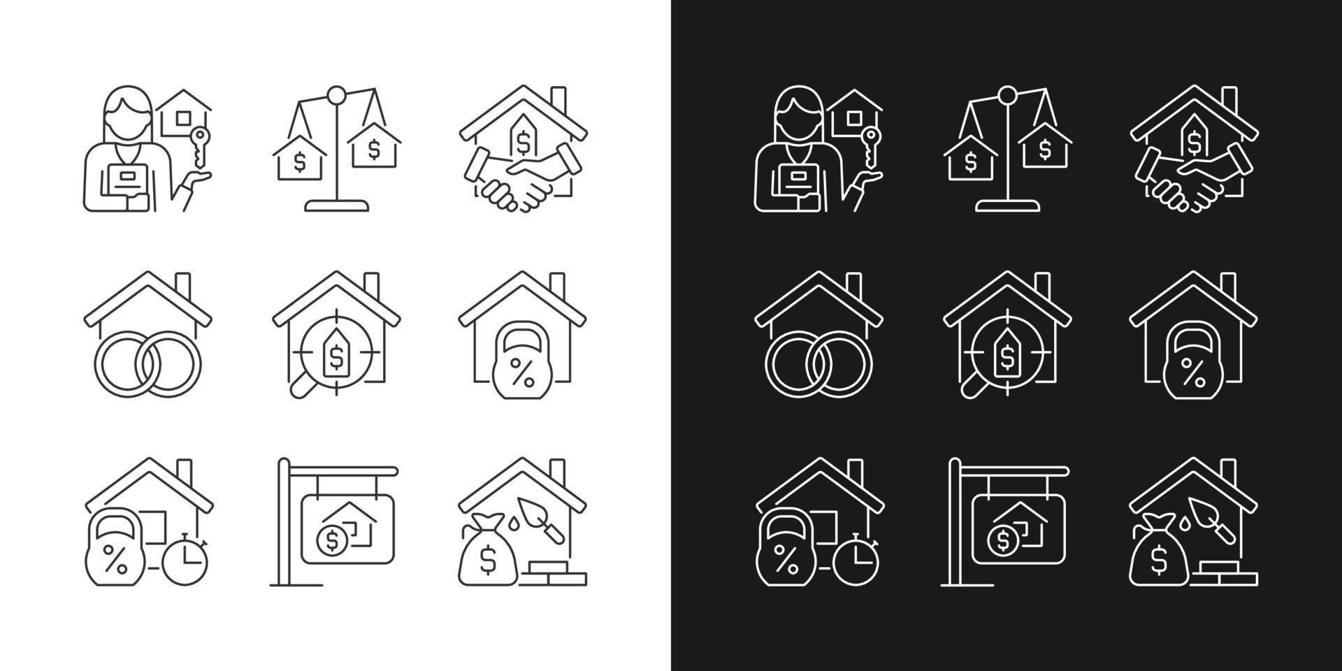 iconos lineales inmobiliarios configurados para modo oscuro y claro. hipoteca de vivienda y construcción. compra de propiedades. seguro de activos símbolos de línea delgada para el tema de la noche y el día. ilustraciones aisladas. trazo editable vector