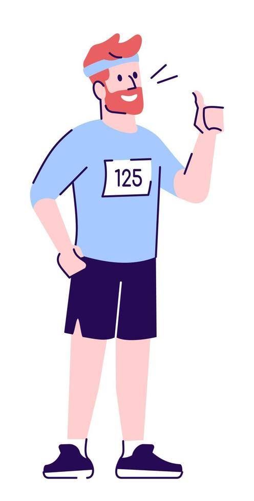 Local champion of running semi flat RGB color vector illustration. Marathon runner showing thumb up isolated cartoon character on white background