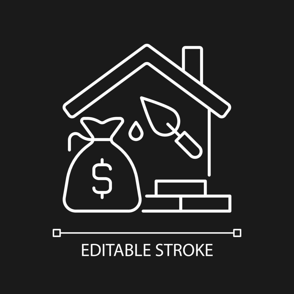 Construction loan white linear icon for dark theme. Self build loan. Get credit for house building. Thin line illustration. Isolated symbol for night mode. Editable stroke. Arial font used vector