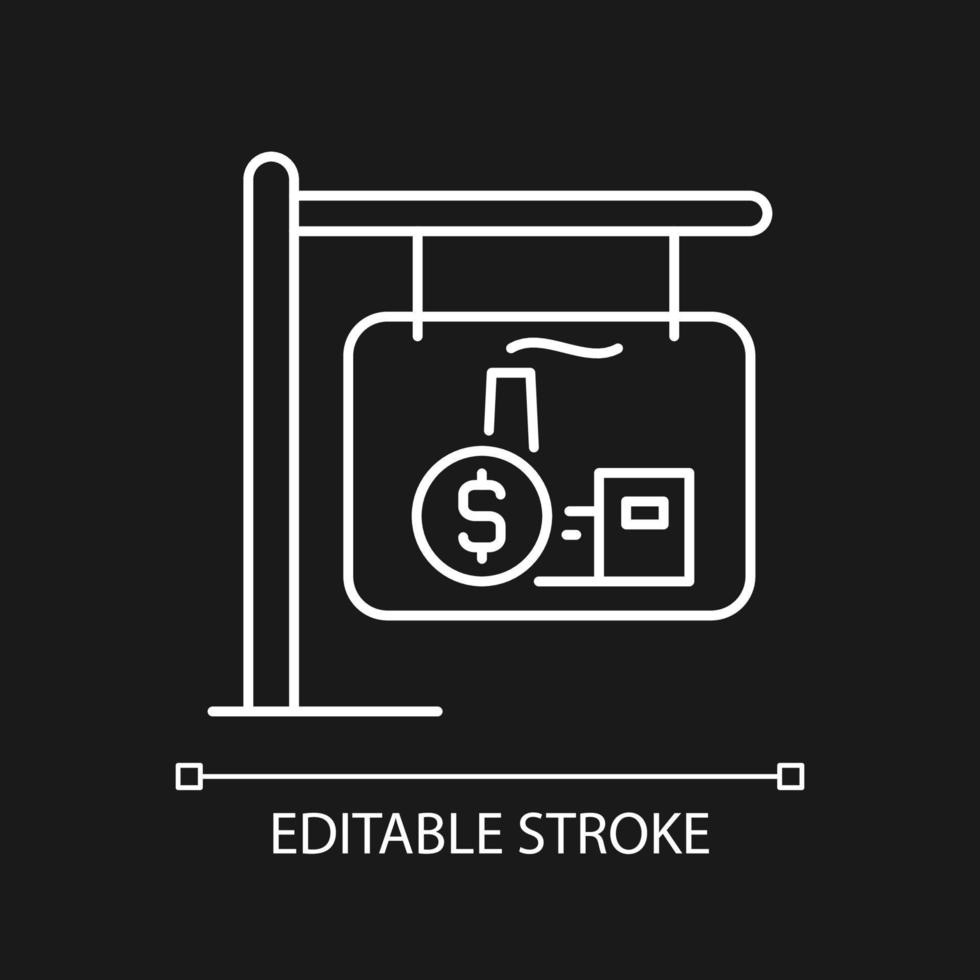 Industrial property selling white linear icon for dark theme. Factory, warehouse for sale. Commercial property. Thin line illustration. Isolated symbol for night mode. Editable stroke. Arial font used vector