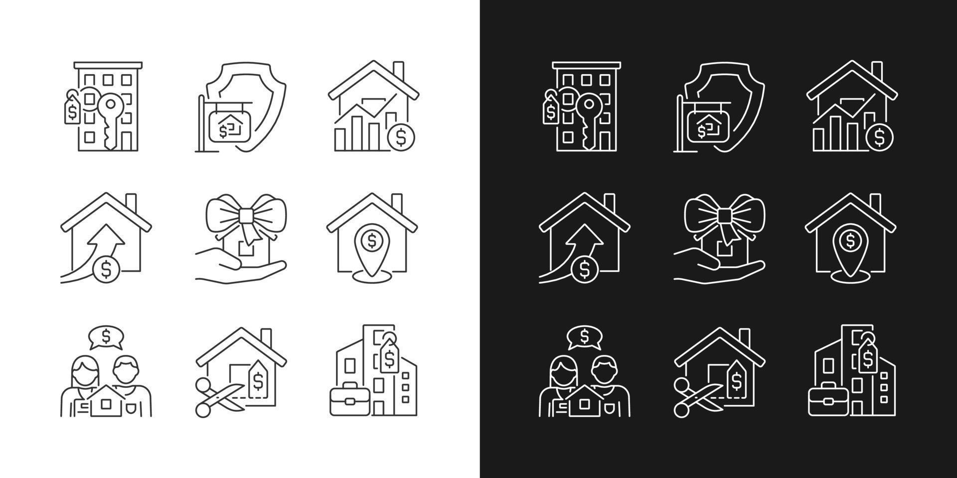 Immovable property purchasing linear icons set for dark, light mode. Apartment and house buying. Realty market. Thin line symbols for night, day theme. Isolated illustrations. Editable stroke vector