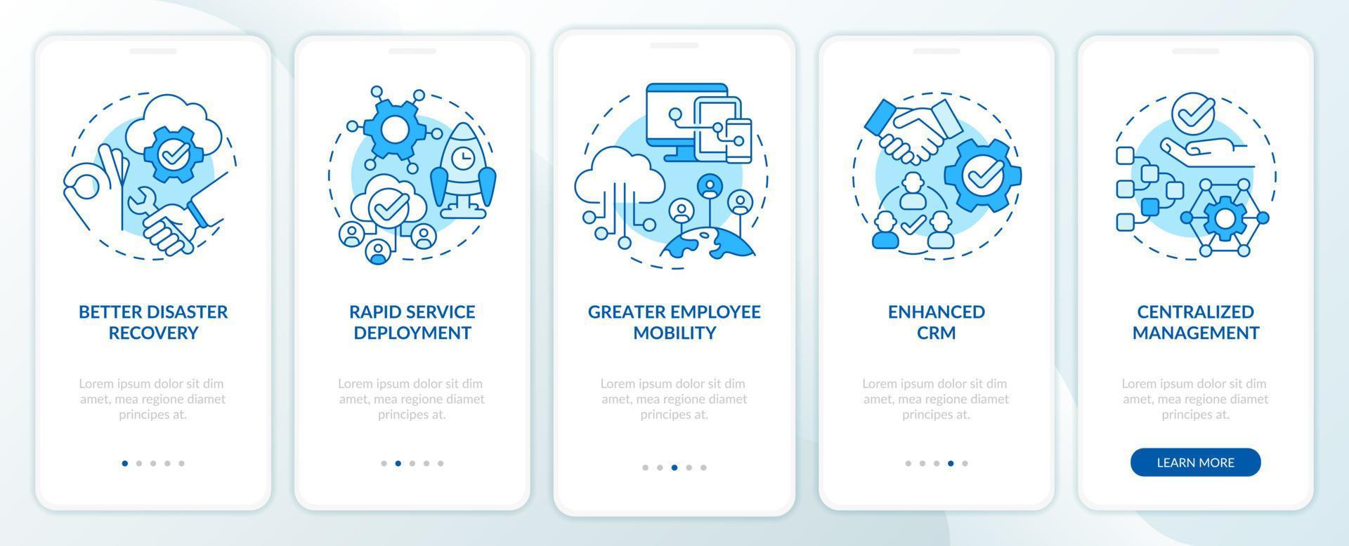 UCaaS advantages blue onboarding mobile app screen. Technology walkthrough 5 steps graphic instructions pages with linear concepts. UI, UX, GUI template. Myriad Pro-Bold, Regular fonts used vector