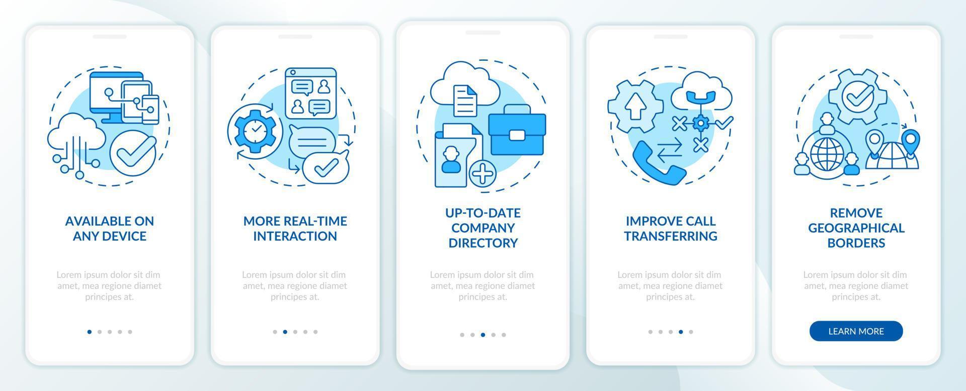 UCaaS benefits blue onboarding mobile app screen. Business process walkthrough 5 steps graphic instructions pages with linear concepts. UI, UX, GUI template. Myriad Pro-Bold, Regular fonts used vector