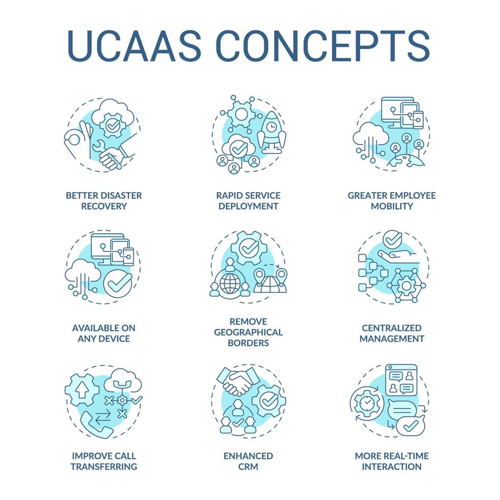 UCaaS concept turquoise icons set. Cloud delivered unified communications model. Customer service idea thin line color illustrations. Isolated symbols. Roboto-Medium, Myriad Pro-Bold fonts used vector