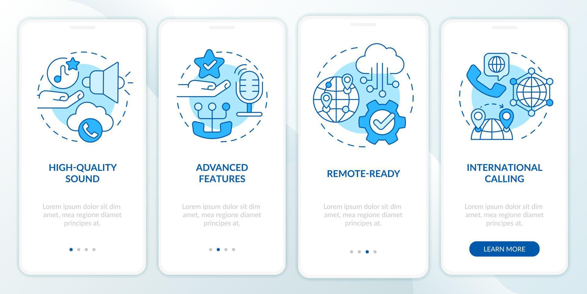 Benefits of VOIP blue onboarding mobile app screen. IP telephony walkthrough 4 steps graphic instructions pages with linear concepts. UI, UX, GUI template. Myriad Pro-Bold, Regular fonts used vector