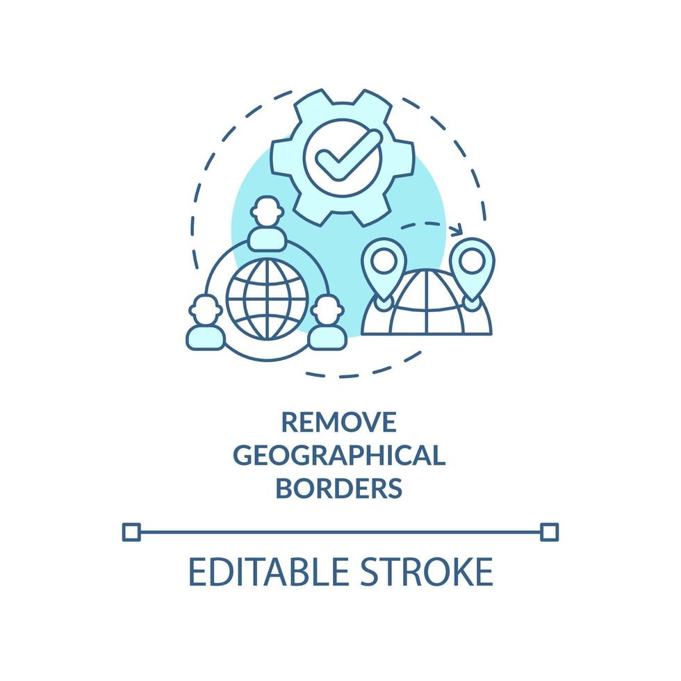 Remove geographical borders turquoise concept icon. Benefits of UCaaS system abstract idea thin line illustration. Isolated outline drawing. Editable stroke. Arial, Myriad Pro-Bold fonts used vector