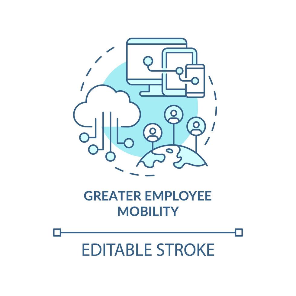 Greater employee mobility turquoise concept icon. Comfortable usage. UCaaS advantages abstract idea thin line illustration. Isolated outline drawing. Editable stroke. Arial, Myriad Pro-Bold fonts used vector