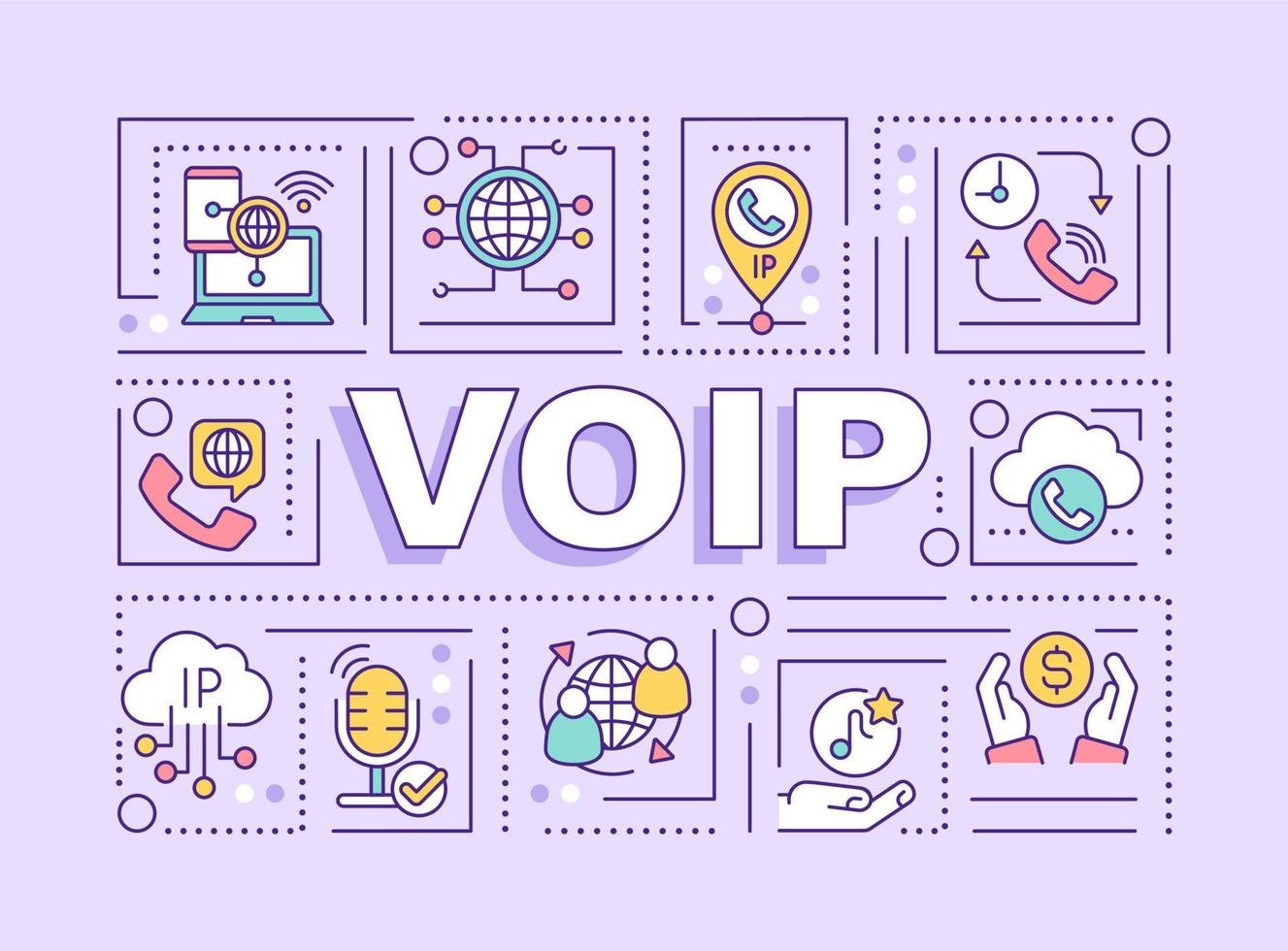 VOIP word concepts purple banner. IP telephony service. Communication technology. Infographics with icons on color background. Isolated typography. Vector illustration with text. Arial-Black font used