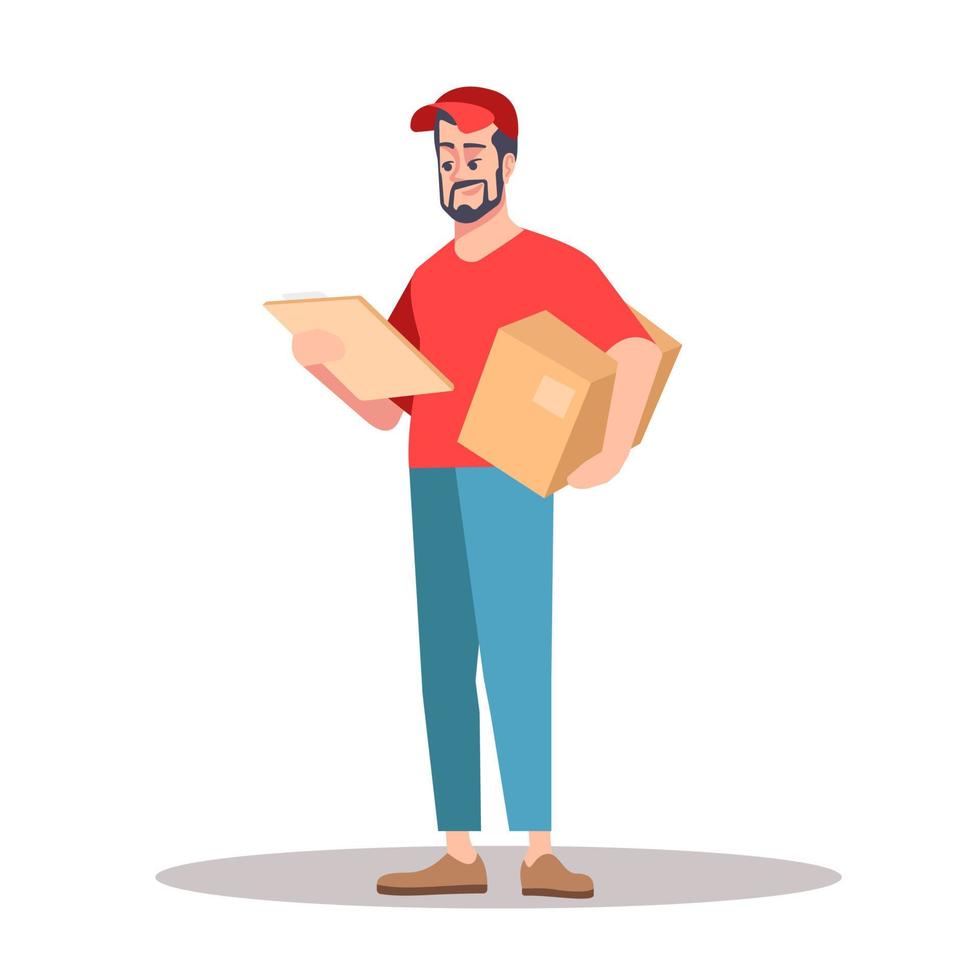 Checking delivery data semi flat RGB color vector illustration. Delivery person with cardboard box isolated cartoon character on white background