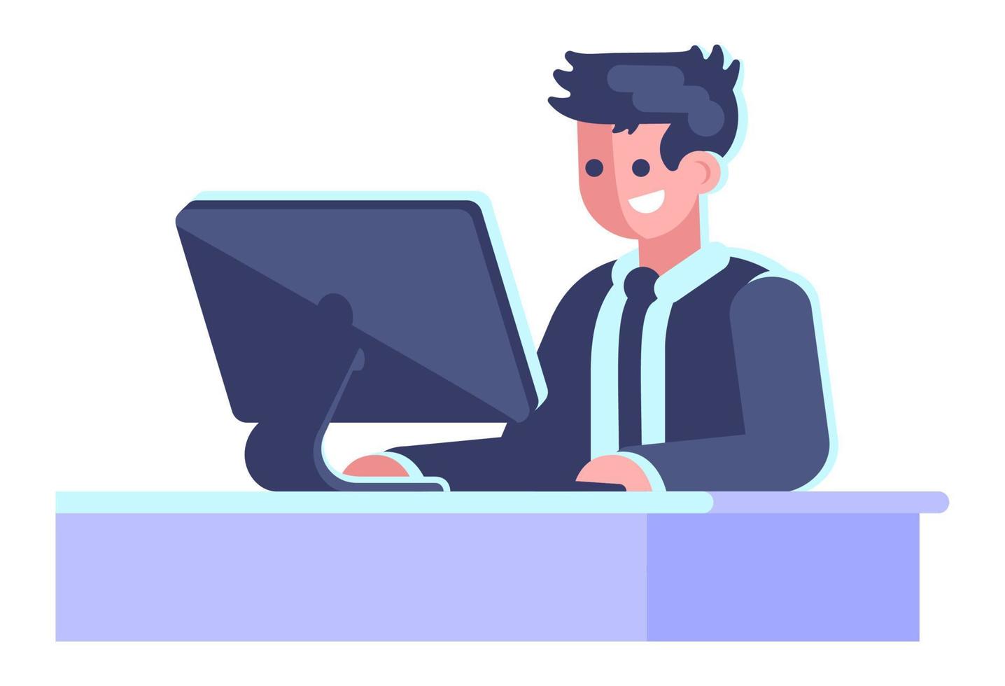 Satisfied corporate employee semi flat RGB color vector illustration. Man in front of computer isolated cartoon character on white background