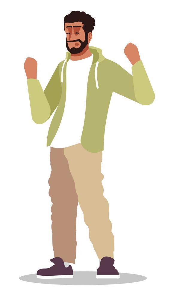 Win jackpot semi flat RGB color vector illustration. Bearded man standing in winner pose isolated cartoon character on white background