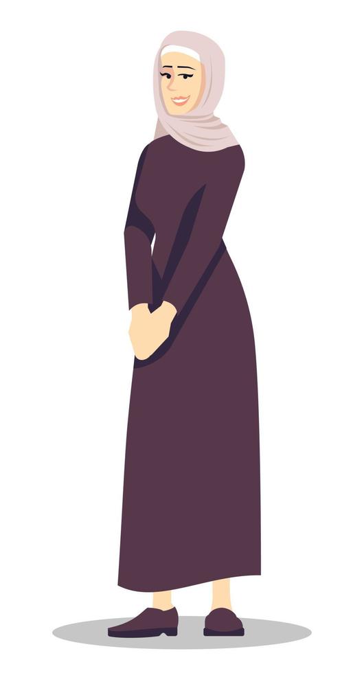 hermosa dama en bufanda y vestido largo semi plano rgb color vector ilustración. mujer modesta sonriente que usa hiyab personaje de dibujos animados aislado sobre fondo blanco
