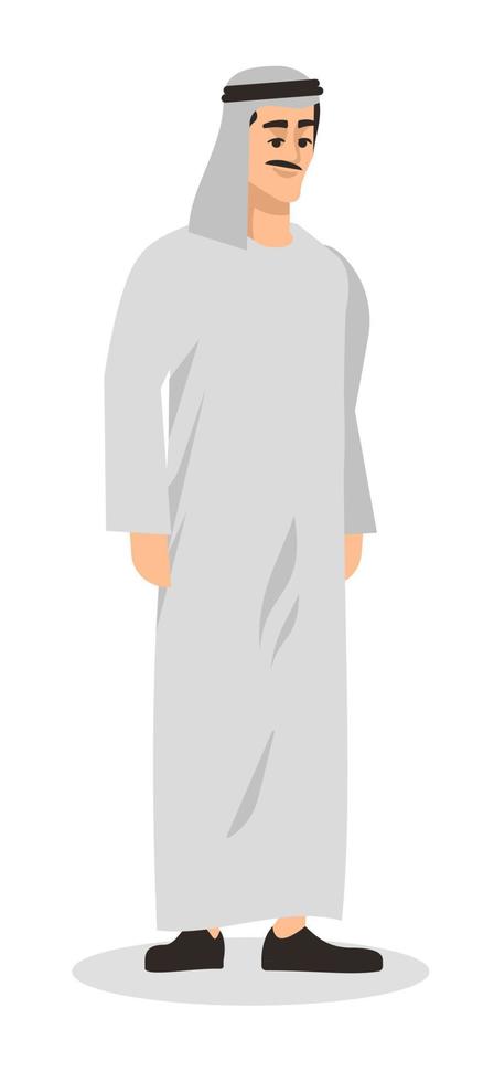 Wearing traditional white robe semi flat RGB color vector illustration. Mustached man isolated cartoon character on white background