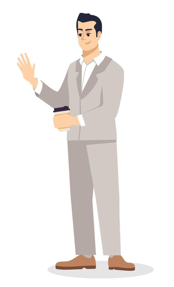 Taking break at work semi flat RGB color vector illustration. Businessman holding coffee cup and waving hand isolated cartoon character on white background