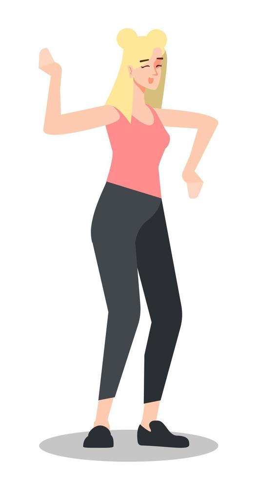 ilustración de vector de color rgb semiplano de influenciador de fitness. mujer joven bailando en ropa deportiva personaje de dibujos animados aislado sobre fondo blanco