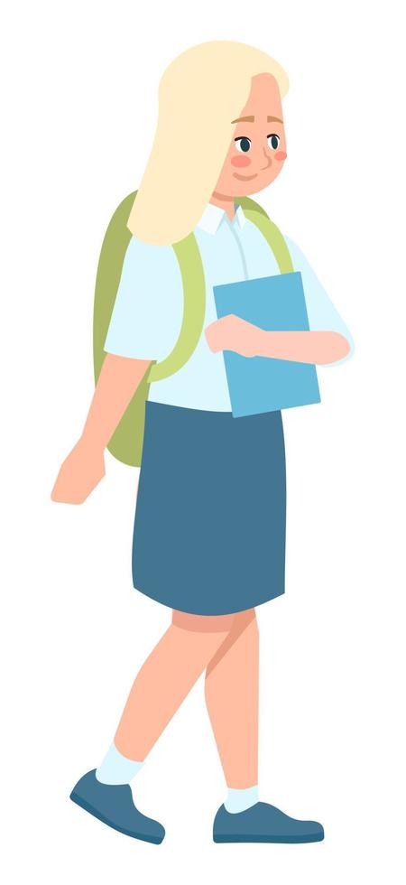 Back to study semi flat RGB color vector illustration. Blond schoolgirl in school uniform isolated cartoon character on white background