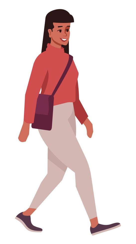 vistiendo ropa de otoño de moda ilustración de vector de color rgb semi plano. personaje de dibujos animados aislado de mujer caminando sobre fondo blanco