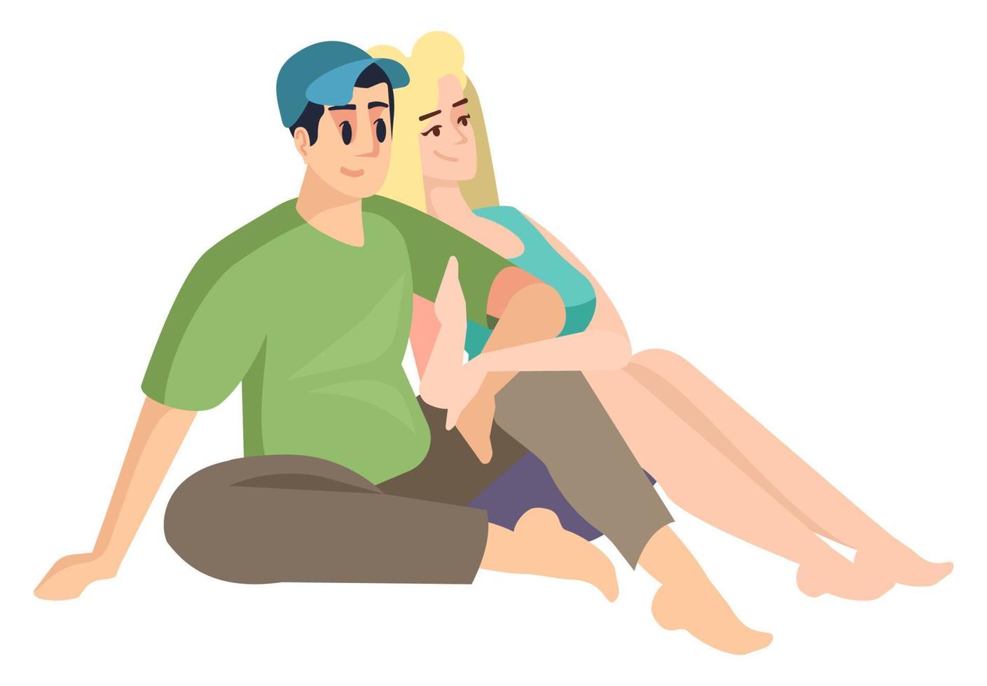 Summer camping semi flat RGB color vector illustration. Young couple relaxing together isolated cartoon characters on white background