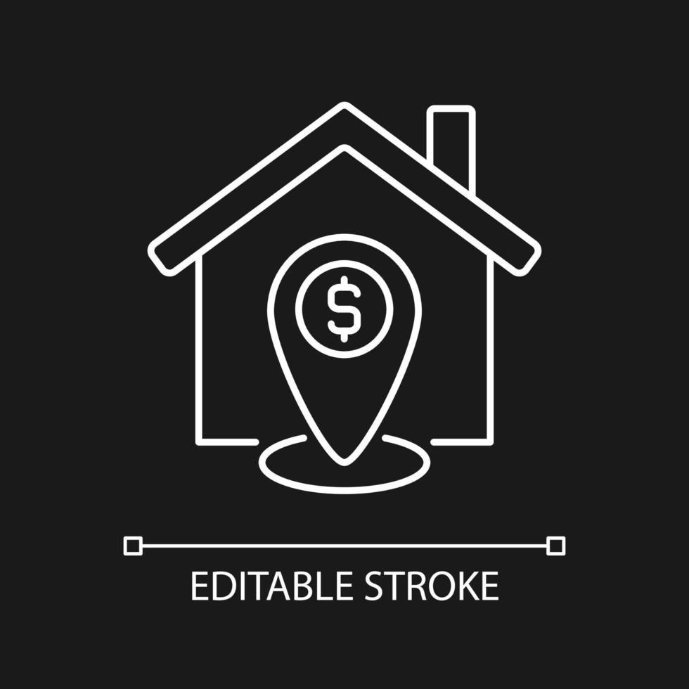 Property location estimation white linear icon for dark theme. Real estate assessment. Infrastructure and view. Thin line illustration. Isolated symbol for night mode. Editable stroke. Arial font used vector