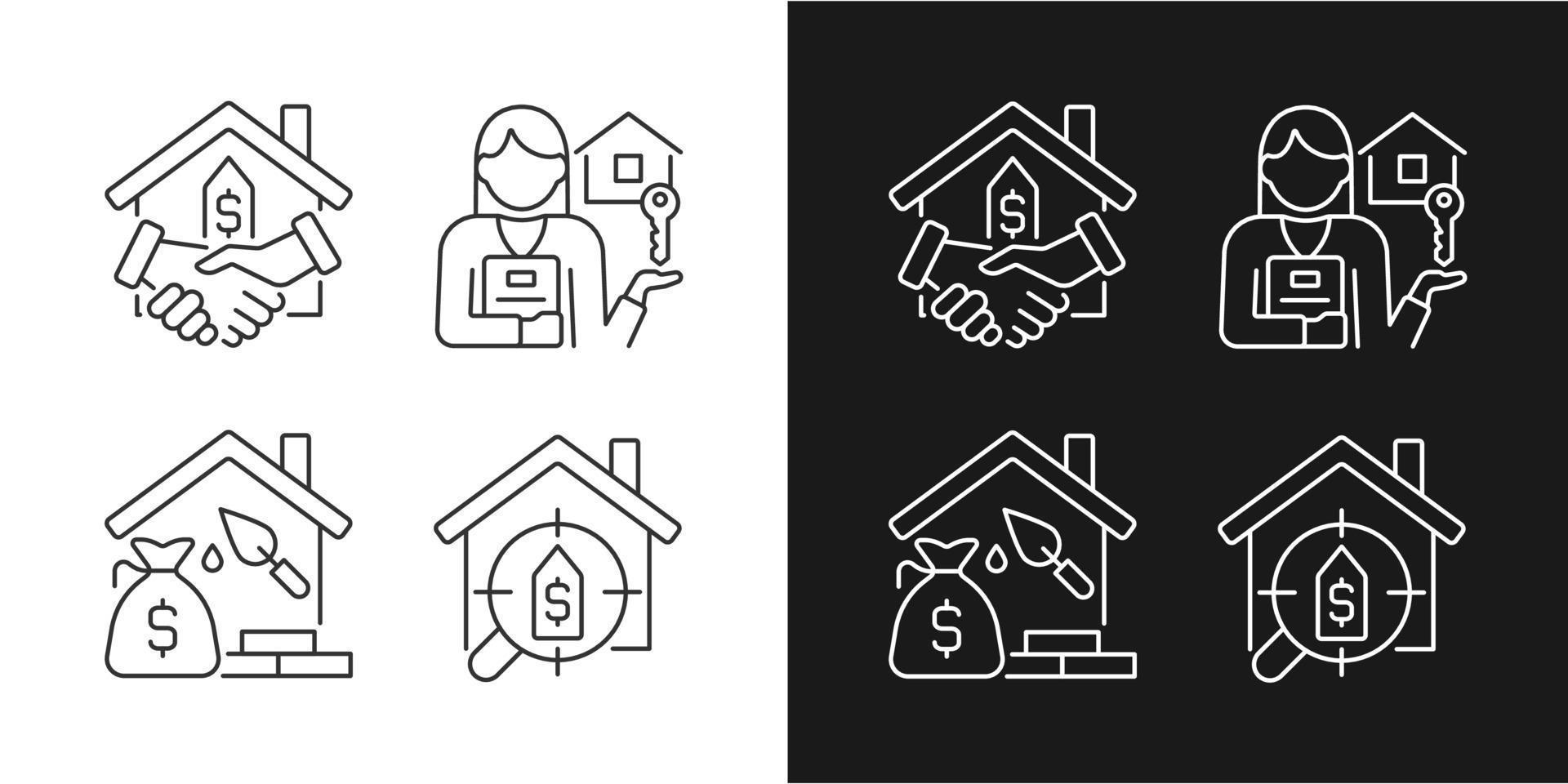 Home buying process linear icons set for dark, light mode. Real estate agent. Property mortgage. Searching house. Thin line symbols for night, day theme. Isolated illustrations. Editable stroke vector