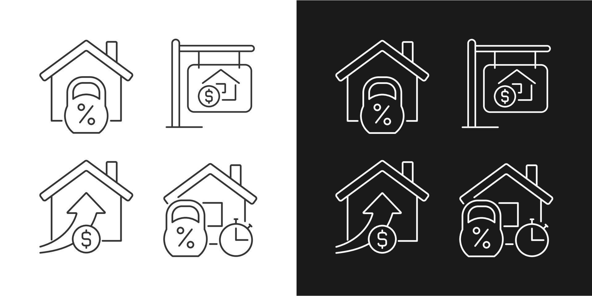 Buying house linear icons set for dark, light mode. Home mortgage. Accomodation purchase. Real estate. Property sale. Thin line symbols for night, day theme. Isolated illustrations. Editable stroke vector