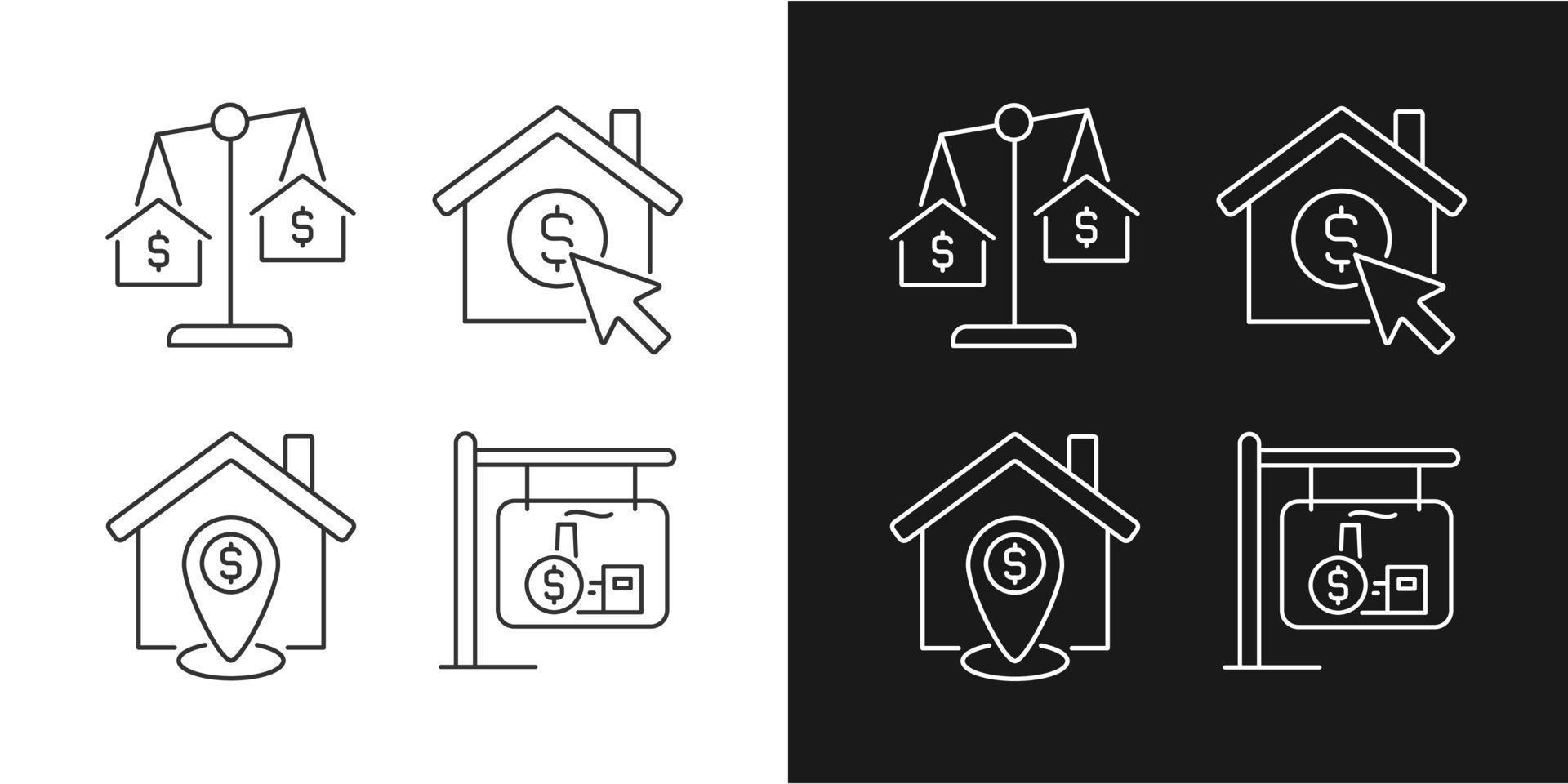 iconos lineales de búsqueda de viviendas configurados para el modo oscuro y claro. comparacion de propiedades Localización de la casa. sitio web de bienes raíces. símbolos de línea delgada para el tema de la noche y el día. ilustraciones aisladas. trazo editable vector