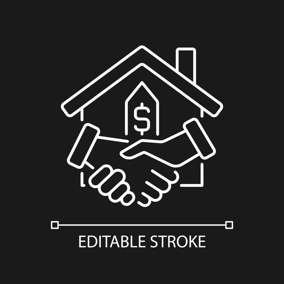 Closing white linear icon for dark theme. Property transfer from seller to buyer. Real estate. Buy house. Thin line illustration. Isolated symbol for night mode. Editable stroke. Arial font used vector