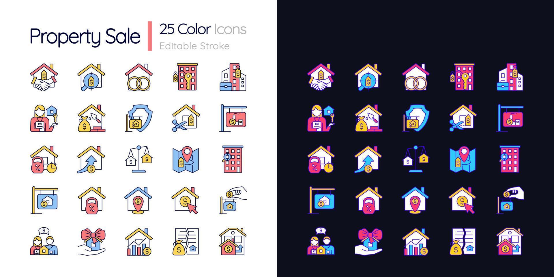 Property sale light and dark theme color icons set. Real estate market. House purchase. Simple filled line drawings. Bright cliparts on white and black. Editable stroke. Quicksand-Light font used vector