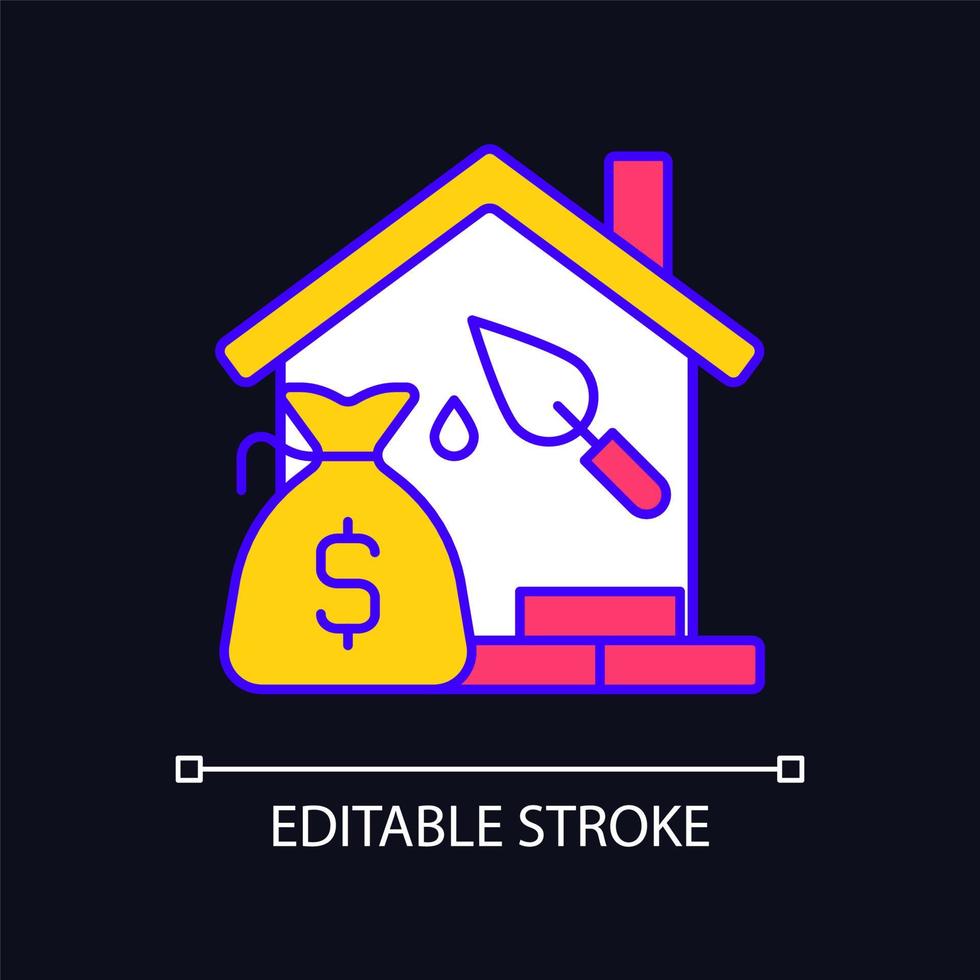 Construction loan RGB color icon for dark theme. Self build loan. Get credit for house building. Home project. Simple filled line drawing on night mode background. Editable stroke. Arial font used vector