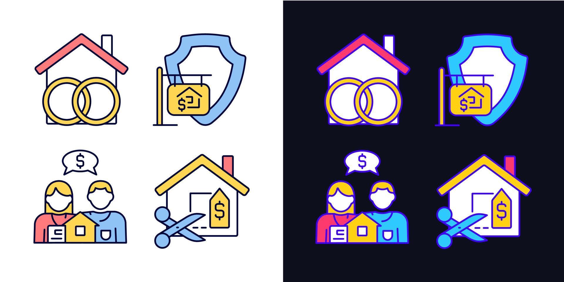 Property purchasing legal features light and dark theme color icons set. Community realty. House price negotiation. Simple filled line drawings. Bright cliparts on white and black. Editable stroke vector