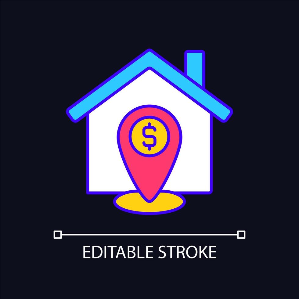 Property location estimation RGB color icon for dark theme. Real estate assessment. Infrastructure and view. Simple filled line drawing on night mode background. Editable stroke. Arial font used vector