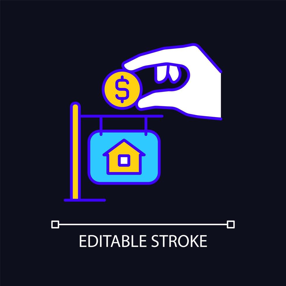 Down payment RGB color icon for dark theme. Amount of cash. Loan for buying house. Real estate. Property sale. Simple filled line drawing on night mode background. Editable stroke. Arial font used vector
