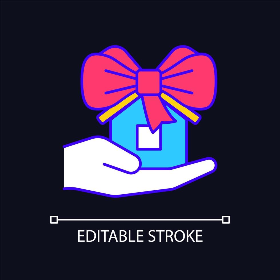 House donative RGB color icon for dark theme. Gift dwelling people in need. Real estate. Property contribution. Simple filled line drawing on night mode background. Editable stroke. Arial font used vector