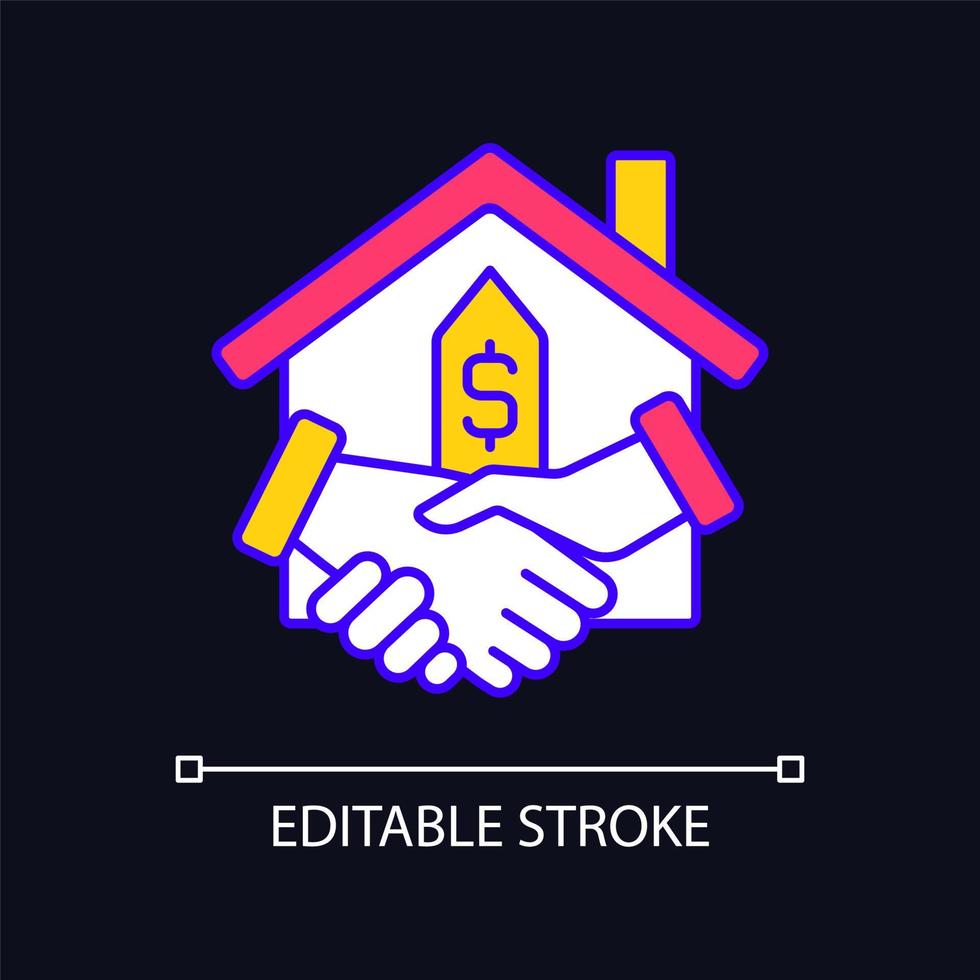 Closing RGB color icon for dark theme. Property transfer from seller to buyer. Real estate transaction. Buy house. Simple filled line drawing on night mode background. Editable stroke. Arial font used vector