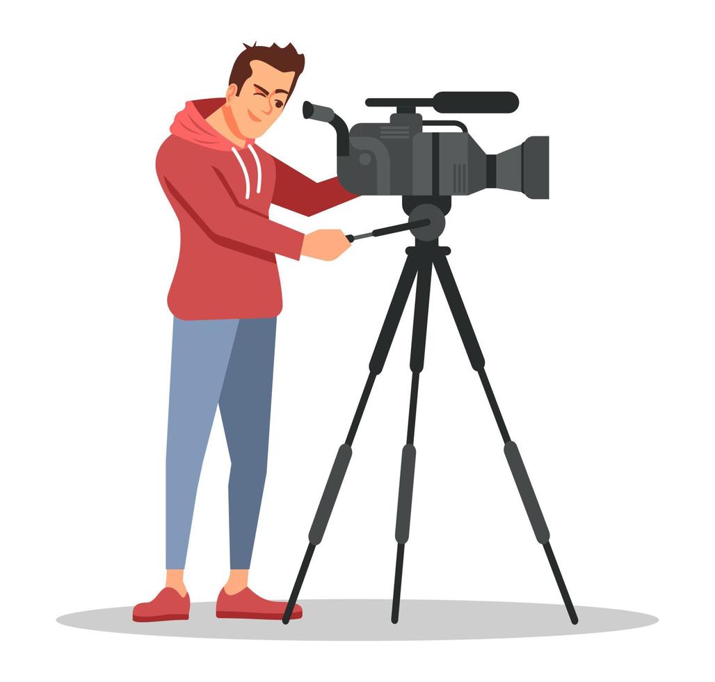 News camera operator semi flat RGB color vector illustration. Mass media occupation. Man operating professional video camera isolated cartoon character on white background