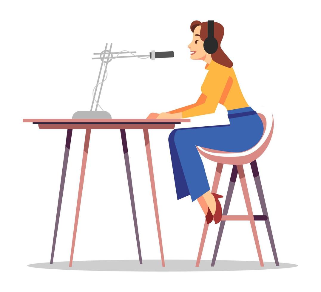 Radio personality semi flat RGB color vector illustration. Mass media occupation. Female worker
