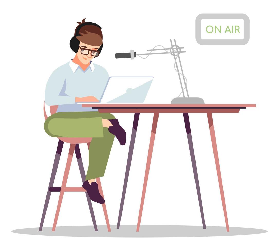 Hosting live audio stream semi flat RGB color vector illustration. Mass media occupation. Radio presenter isolated cartoon character on white background