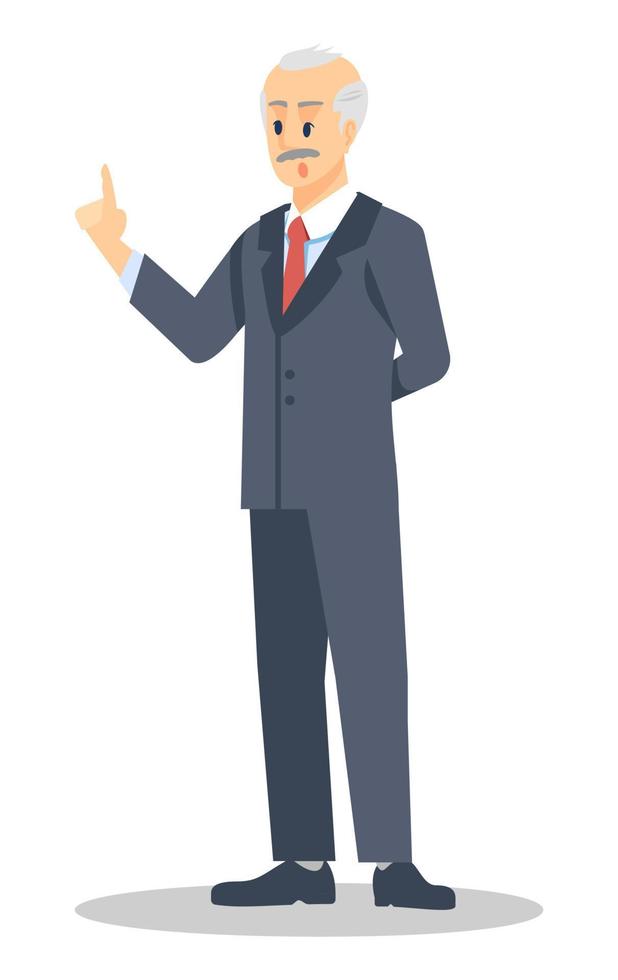 Government official semi flat RGB color vector illustration. Mass media occupation. Strict old man wearing suit isolated cartoon character on white background