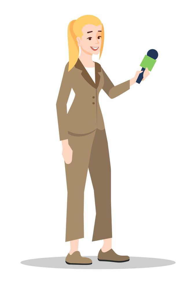 Television journalist semi flat RGB color vector illustration. Mass media occupation. Woman in formal suit with microphone isolated cartoon character on white background