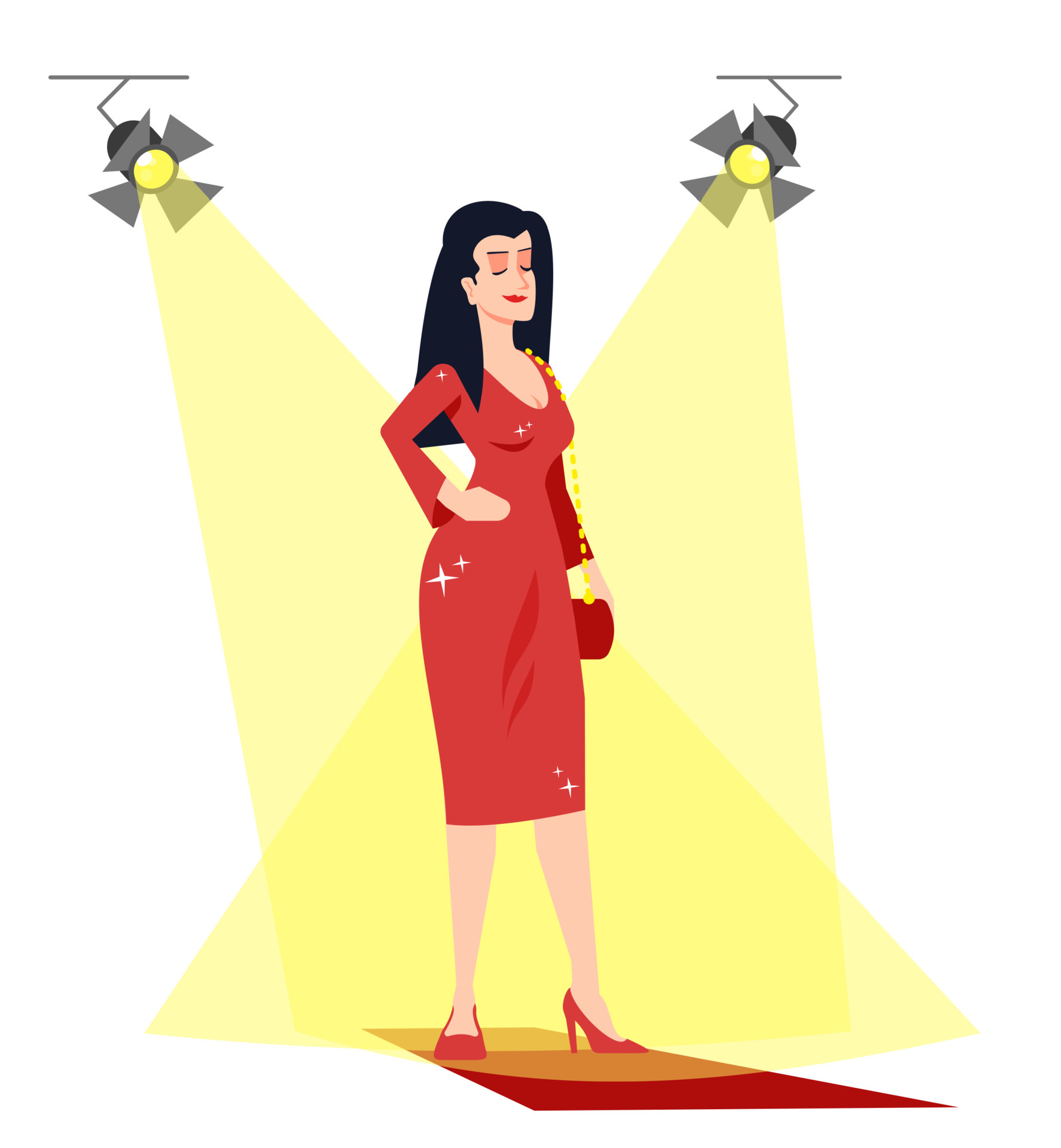 Famous actress under spotlights semi flat RGB color vector illustration.  Mass media occupation. Woman in luxury red dress isolated cartoon character  on white background 6562011 Vector Art at Vecteezy