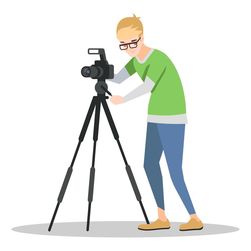 Professional photographer semi flat RGB color vector illustration. Mass media occupation. Young man in glasses with photo camera on tripod isolated cartoon character on white background