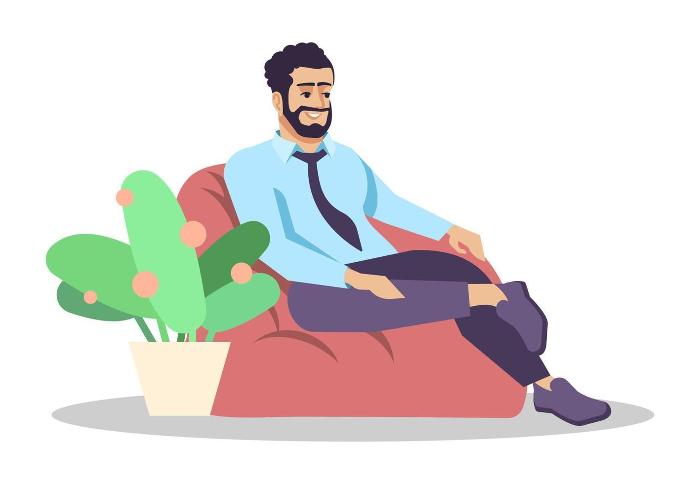 pasar tiempo en la sala recreativa semi plana rgb color vector ilustración. ocupación de los medios de comunicación. hombre barbudo sonriente relajándose en una silla de bolsa de frijol personaje de dibujos animados aislado sobre fondo blanco