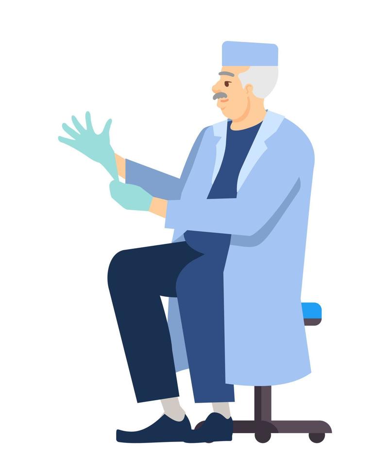 Ilustración de vector de color rgb semiplano de profesión sanitaria. médico de mediana edad poniéndose guantes médicos personaje de dibujos animados aislado sobre fondo blanco