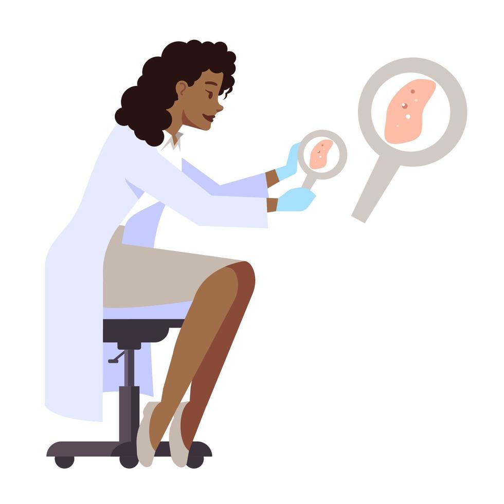Inspecting skin for lesion semi flat RGB color vector illustration. Female doctor isolated cartoon character on white background