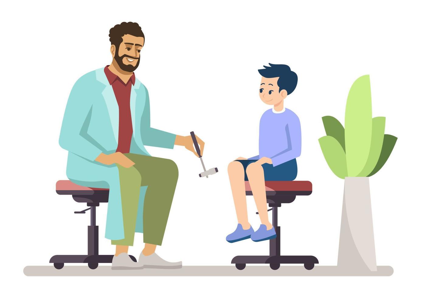 Evaluating young patient knee condition semi flat RGB color vector illustration. Male orthopedist isolated cartoon characters on white background