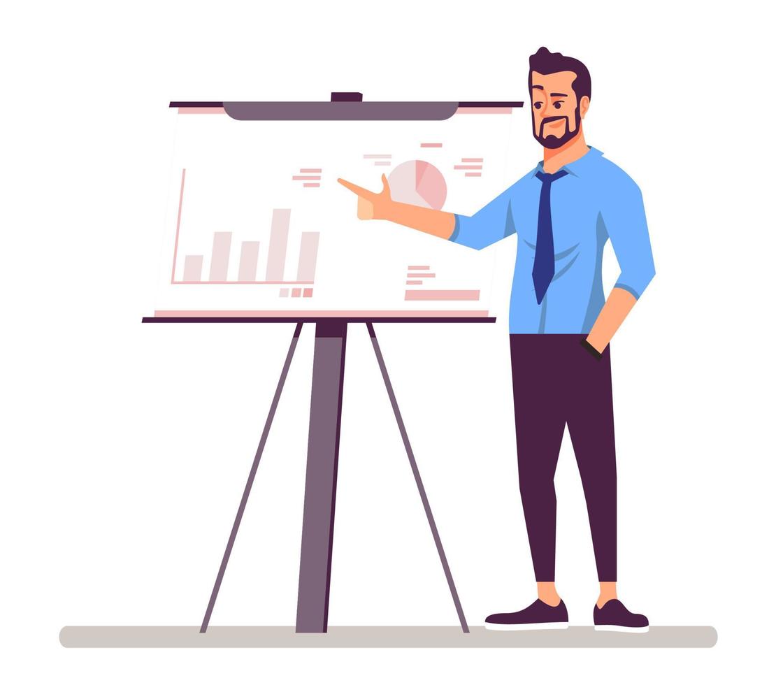 Giving presentation at work semi flat RGB color vector illustration. Male office worker isolated cartoon character on white background