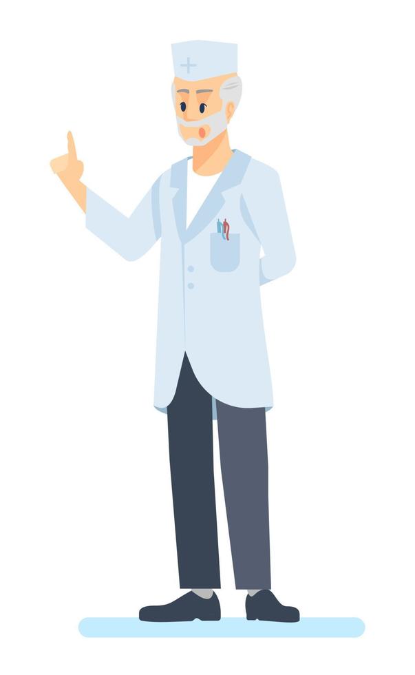 Providing treatment instructions semi flat RGB color vector illustration. Elderly doctor wearing white coat isolated cartoon character on white background