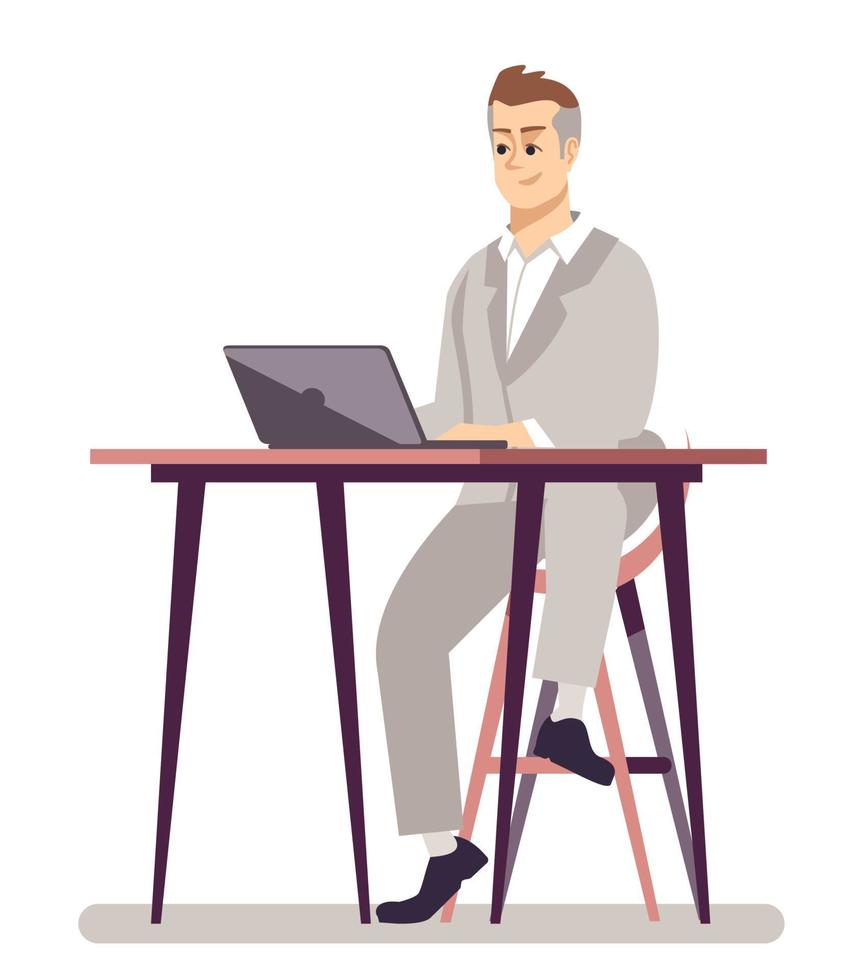Workspace semi flat RGB color vector illustration. Mature man in suit working on laptop isolated cartoon character on white background
