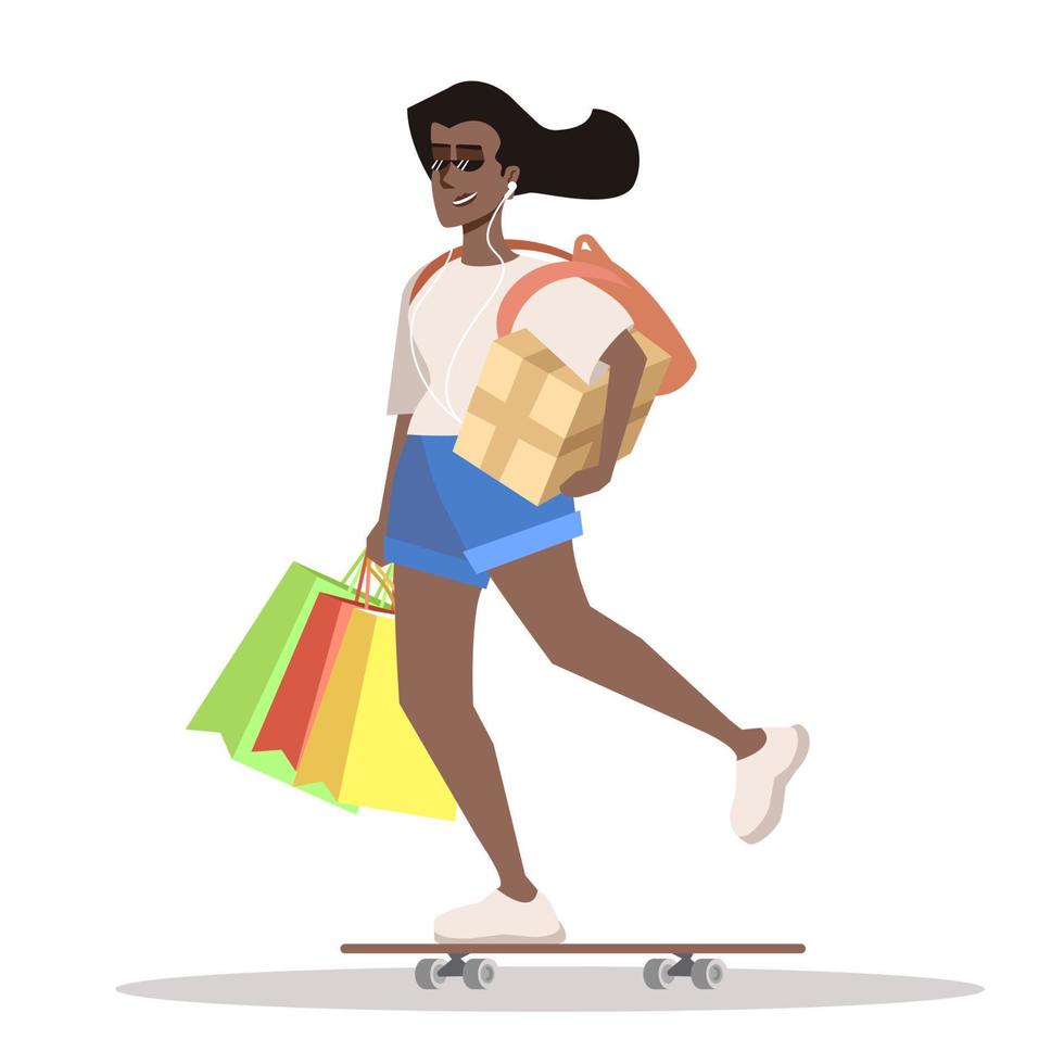 Ilustración de vector de color rgb semi plano de comprador milenario. chica enérgica con bolsas de compras rodando en patineta personaje de dibujos animados aislado sobre fondo blanco